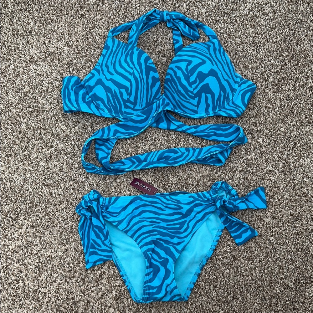 Adore Me Blue Zebra Print Push Up Bikini Swim Set NEW